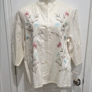 Erika Cream Button Down Shirt with Floral Embroidery